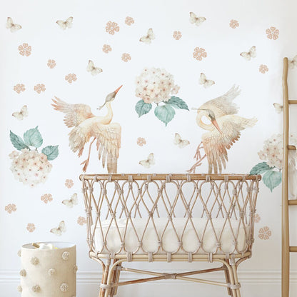 Stork Wall Stickers Hydrangea Flowers Decals Heron Butterfly Watercolor Nursery Pink Beige Decals Girls Tender Boho Bathroom , LF544