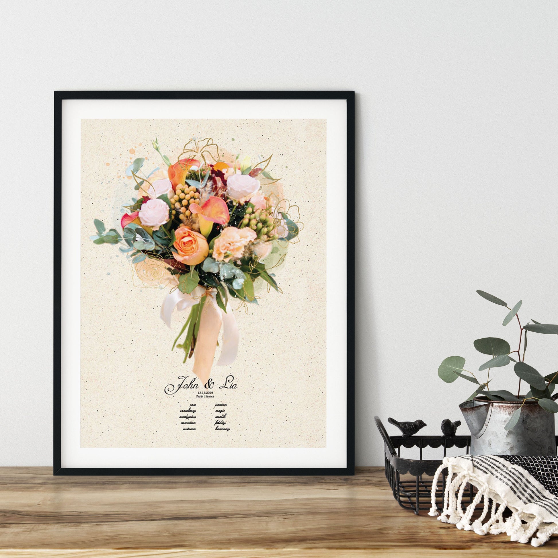 Wedding Personalised Print Gift for Her Bride's bouquet Meaning of flowers Wall Poster 1st Anniversary Watercolor Painting from Photo, Pt01