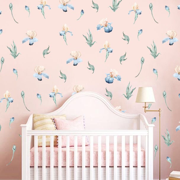 Iris Flowers Wall Stickers Floral Greenery Nursery Decals Watercolor Kid's Room decor Girls Tender Boho Bathroom , LF546