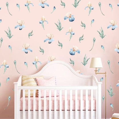 Iris Flowers Wall Stickers Floral Greenery Nursery Decals Watercolor Kid's Room decor Girls Tender Boho Bathroom , LF546