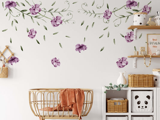 Nursery Large Greenery Lianas Wall Stickers Violet Flowers Decals Bathroom Bedroom Playroom Decor, LF550B