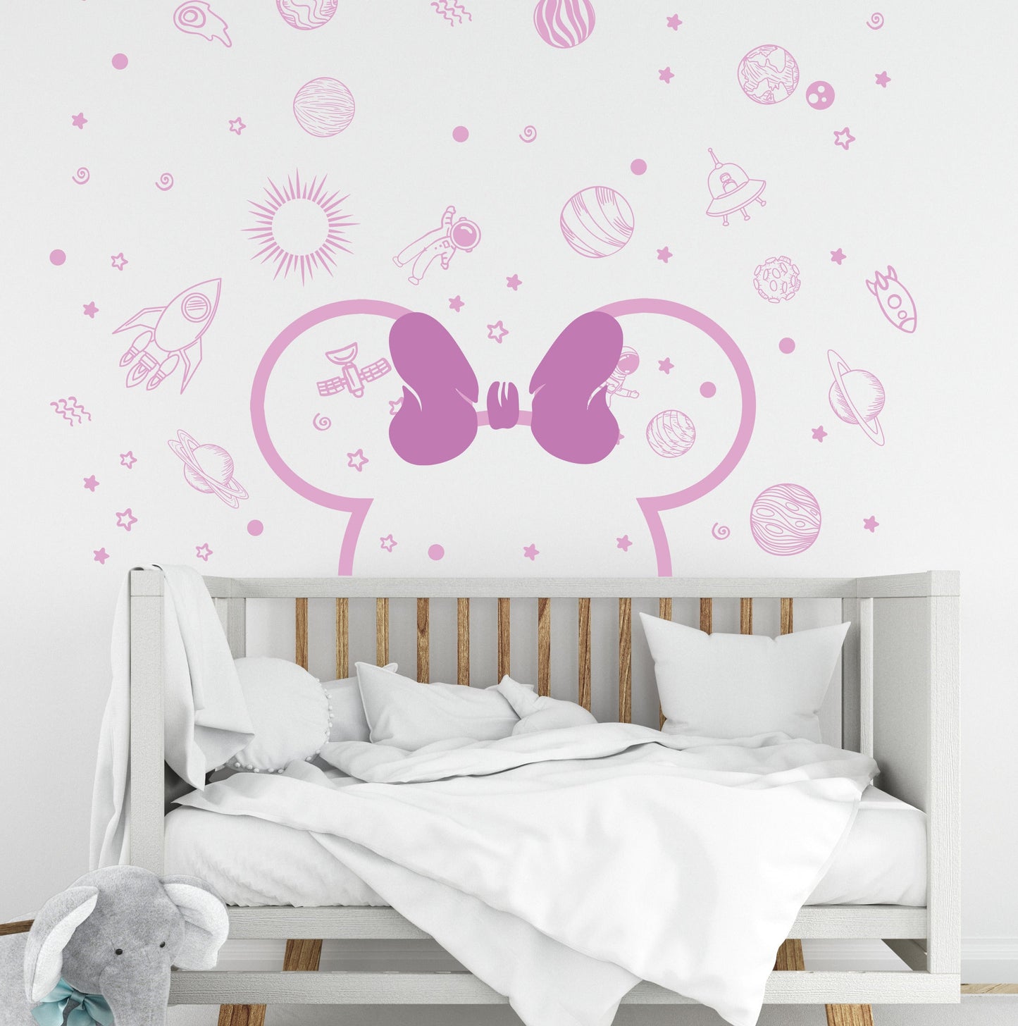 Large Headboard Minnie Mouse Bow Wall Decal Space Stickers Stars Rocket Nursery Ears Playroom Bedroom Bathroom planet solar system, LF554