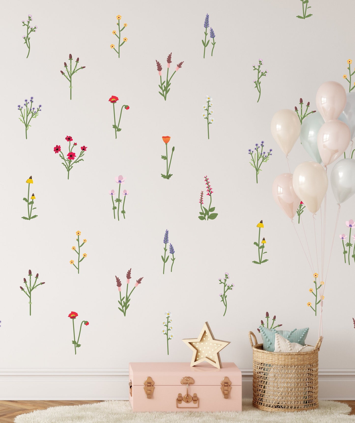 Watercolor Flower Greenery Wall Decals Wild Field Floral Nursery Nature Sticker Boho Leaves Room Decoration, LF527