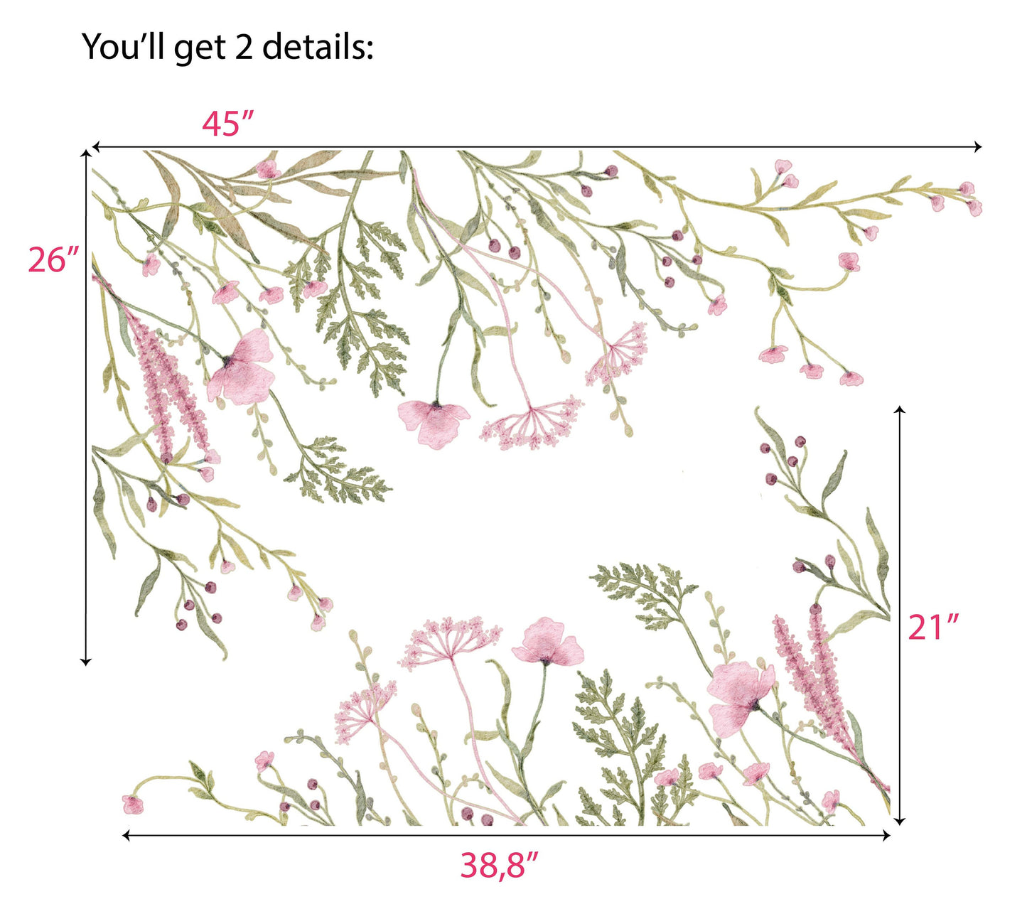 Watercolor Flowers Wall Stickers Nursery Pink Green Floral Leaves Decals Girls Boho Room , LF528