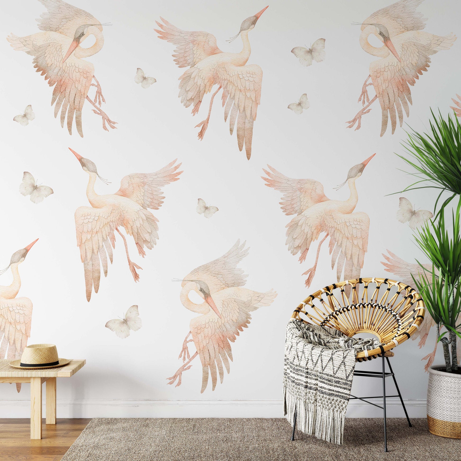 Watercolor Stork Heron Butterfly Wall Stickers Nursery Pink Beige Decals Girls Tender Boho Bathroom , LF524