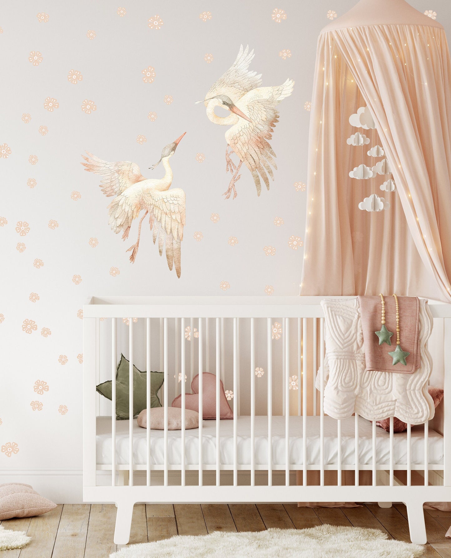 Stork Wall Stickers Heron Butterfly Watercolor Nursery Pink Beige Decals Girls Tender Boho Bathroom , LF536