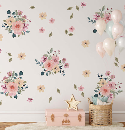 Watercolor Bright Flower Wall Decals Bouquets Floral Stickers Garden Nursery Leaves Room Decoration, LF551