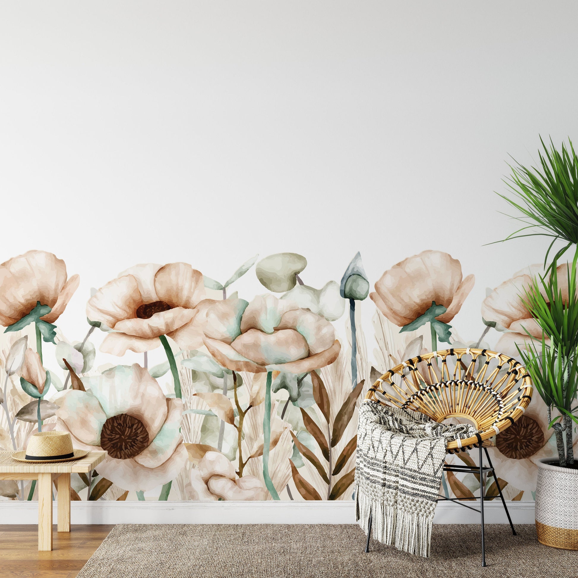 Poppy, Eucalyptus Flowers Wall Stickers Beige Neutral Calm Floral Border Leaves Decals Bathroom Bedroom Nursery Decor, LF558