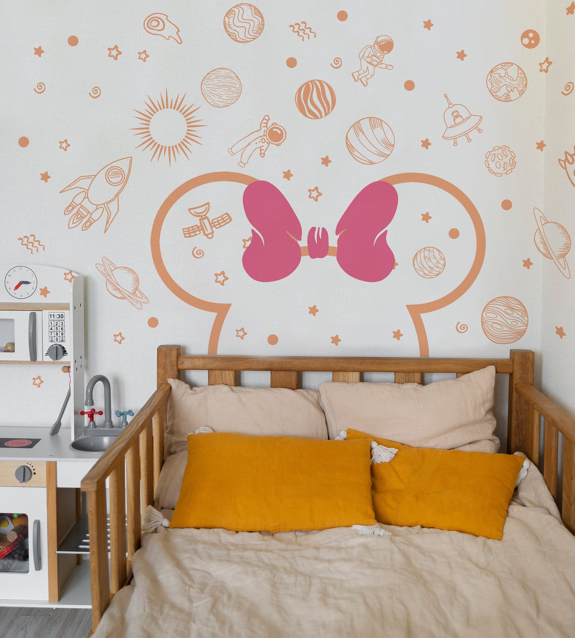 Large Headboard Minnie Mouse Bow Wall Decal Space Stickers Stars Rocket Nursery Ears Playroom Bedroom Bathroom planet solar system, LF554