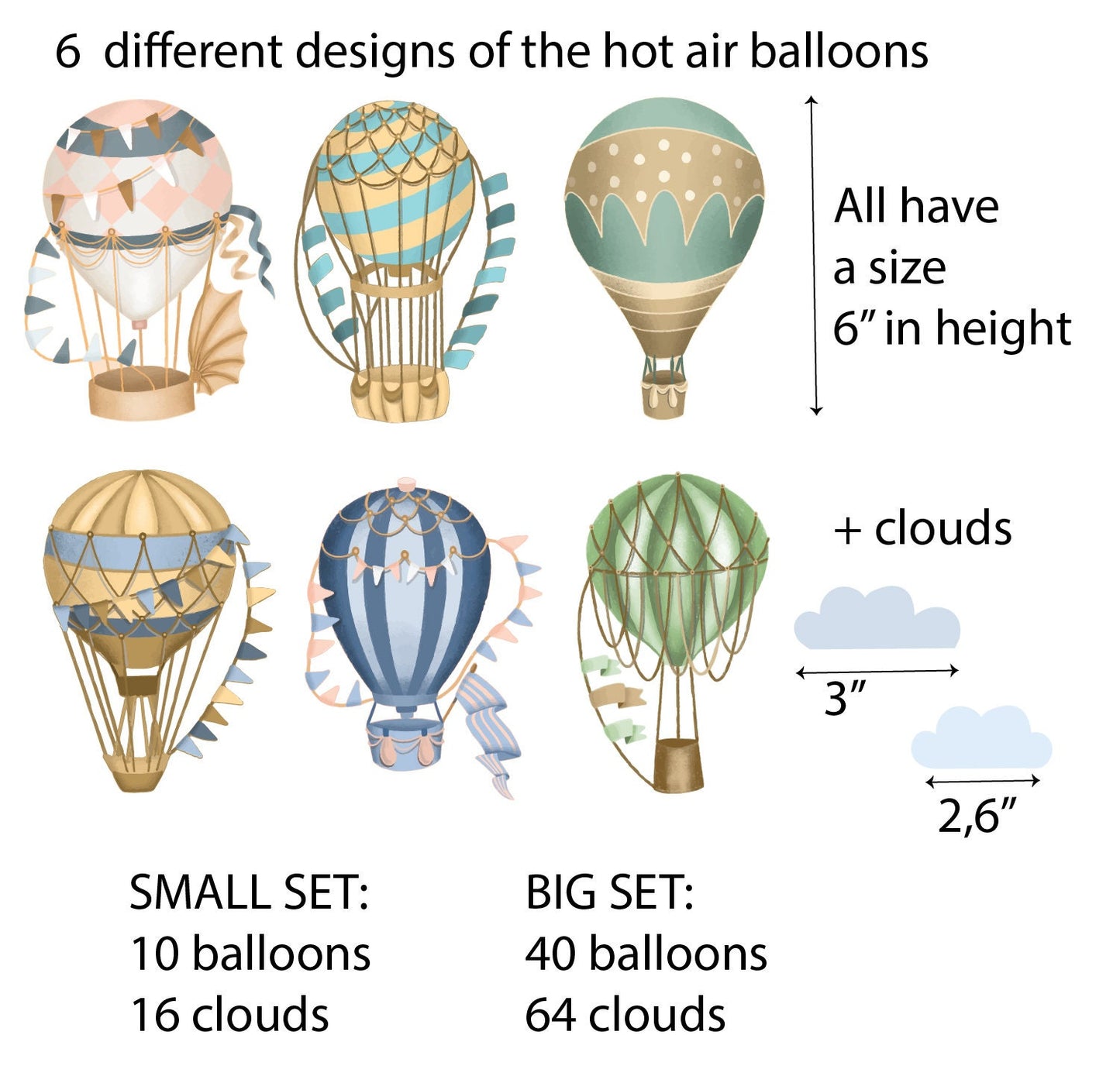 Hot Air Balloon Nursery Wall Decals Clouds Sky Stickers, LF566